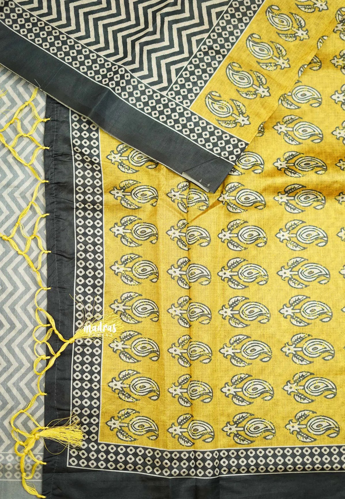 Yamini Paper silk with Ajrakh pallu and blouse - Black with Lemon yellow