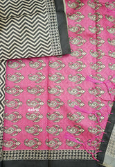 Yamini Paper silk with Ajrakh pallu and blouse - Black with Rose pink