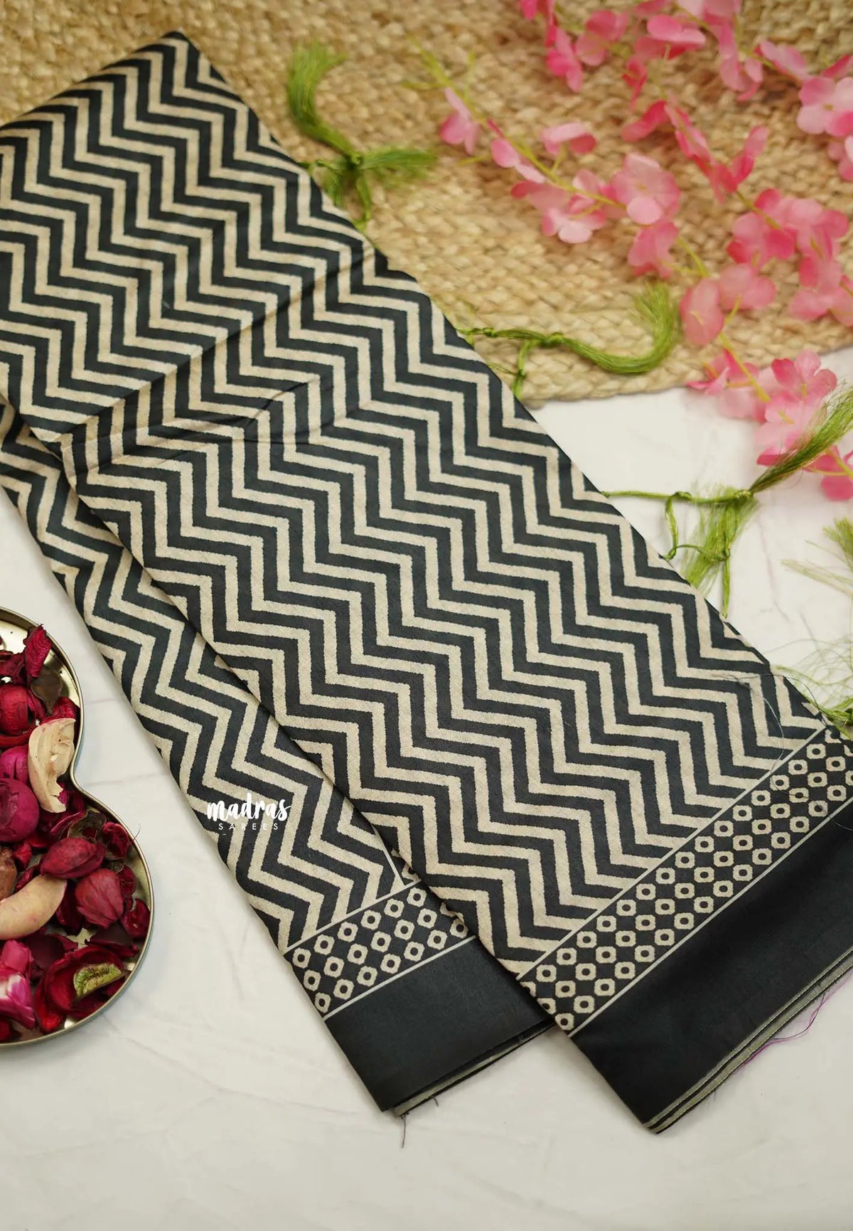 Yamini Paper silk with Ajrakh pallu and blouse - Black with Neon green - Madras Sarees 