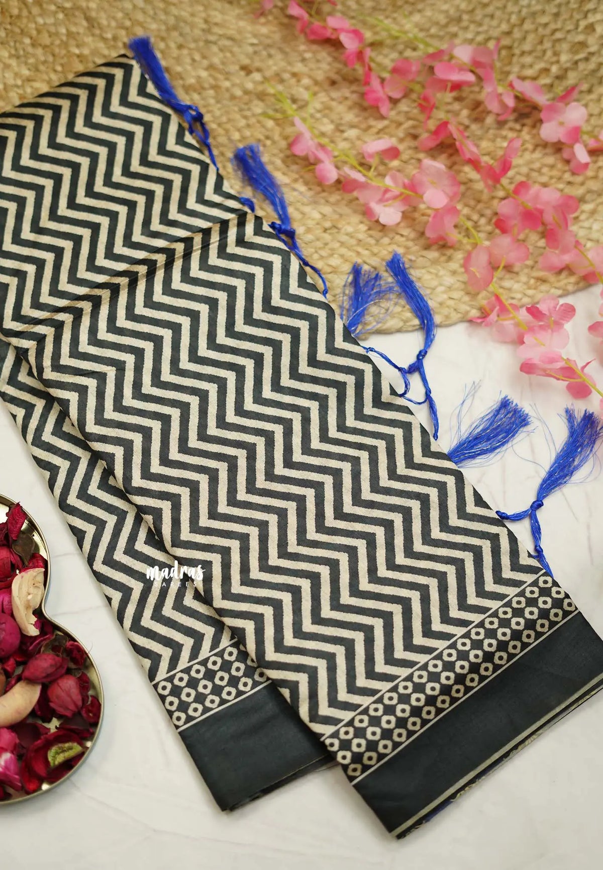 Yamini Paper silk with Ajrakh pallu and blouse - Black with Ink blue - Madras Sarees 