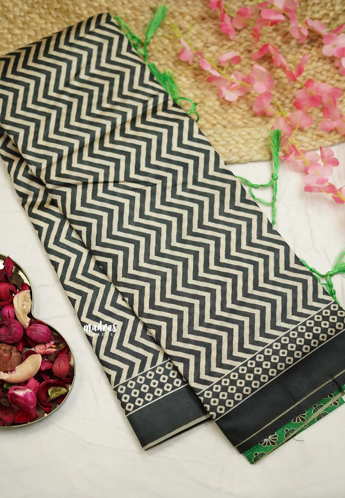 Yamini Paper silk with Ajrakh pallu and blouse - Black with Green - Madras Sarees 