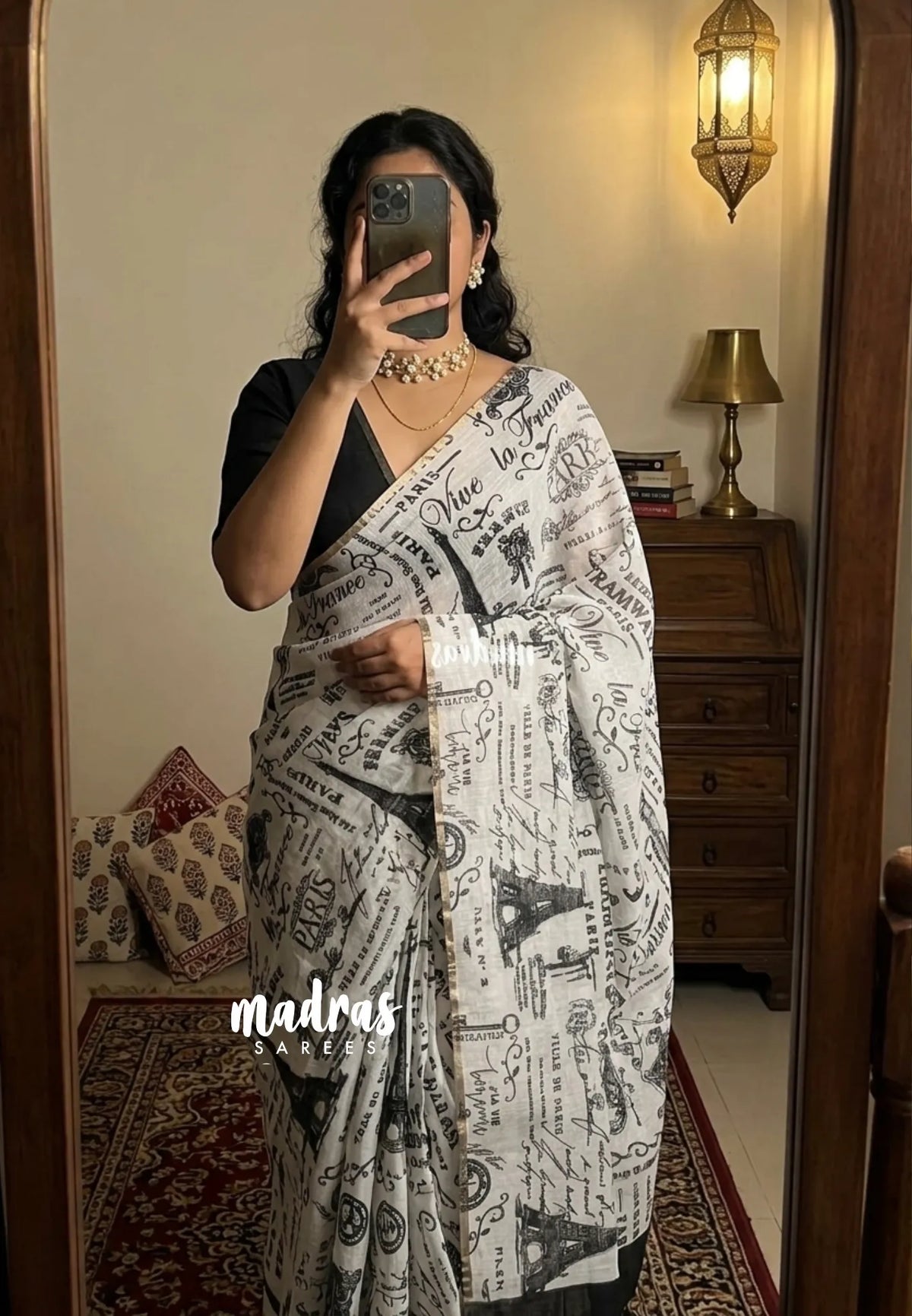 (PRE-BOOKING) Snow White - Linen Cotton Saree with Paris News Prints - Best for Office Wear | Casual Wear