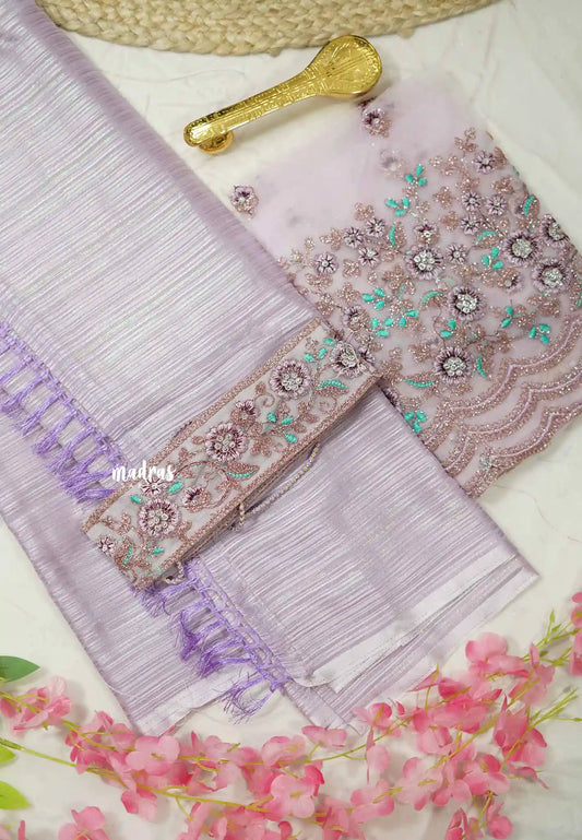 Partywear line texured saree with work blouse and matching hip belt - Pastel Lavender