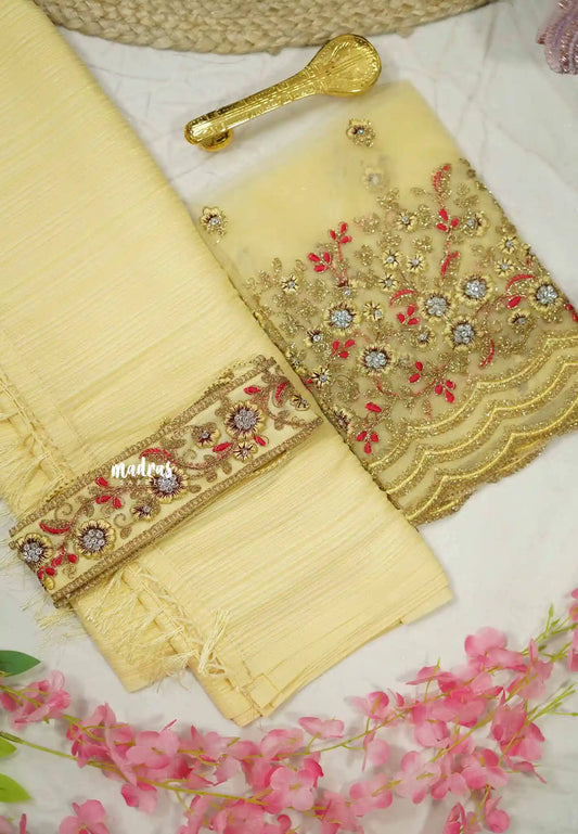 Partywear line texured saree with work blouse and matching hip belt - Pastel Yellow