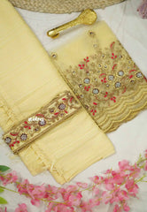 Partywear line texured saree with work blouse and matching hip belt - Pastel Yellow