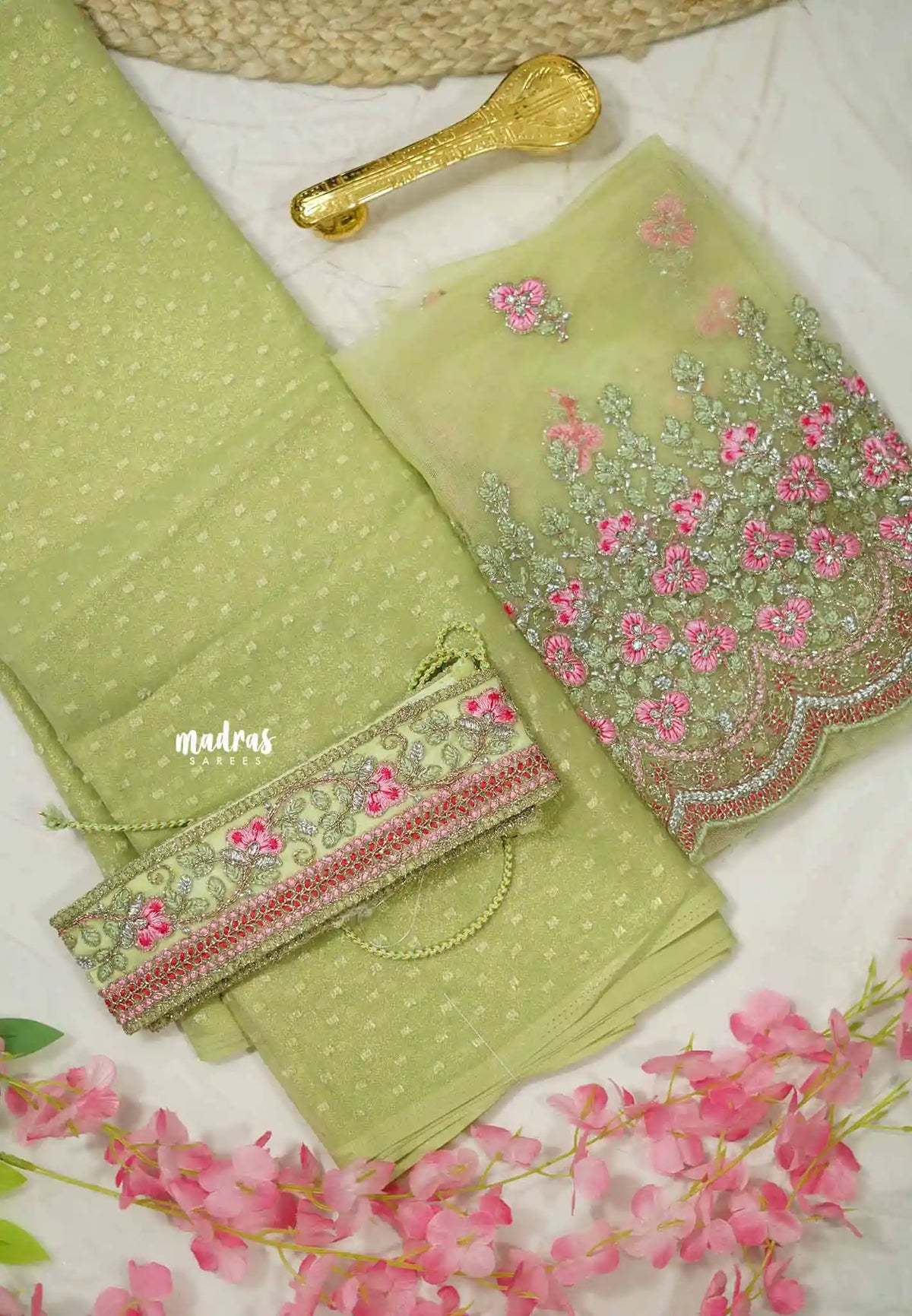 Partywear Chiffon shimmer saree with work blouse and matching hip belt - Pastel Green