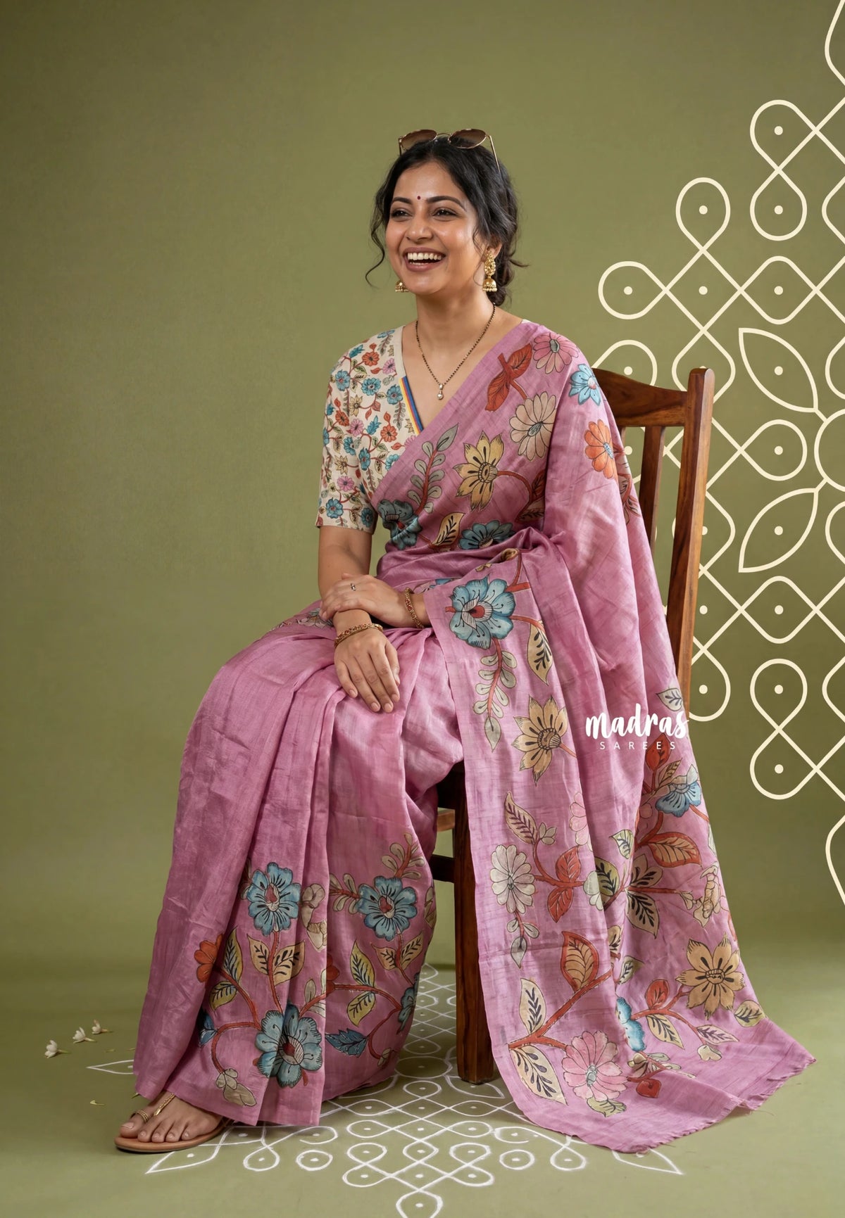 Mauve Pink - Rukmani - Premium Tussar Silk with Pen Kalamkari Patch Work Floral Motif - Perfect for Small Functions