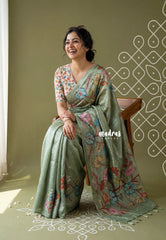 Greyish Green - Rukmani - Premium Tussar Silk with Pen Kalamkari Patch Work Floral Motif - Perfect for Small Functions
