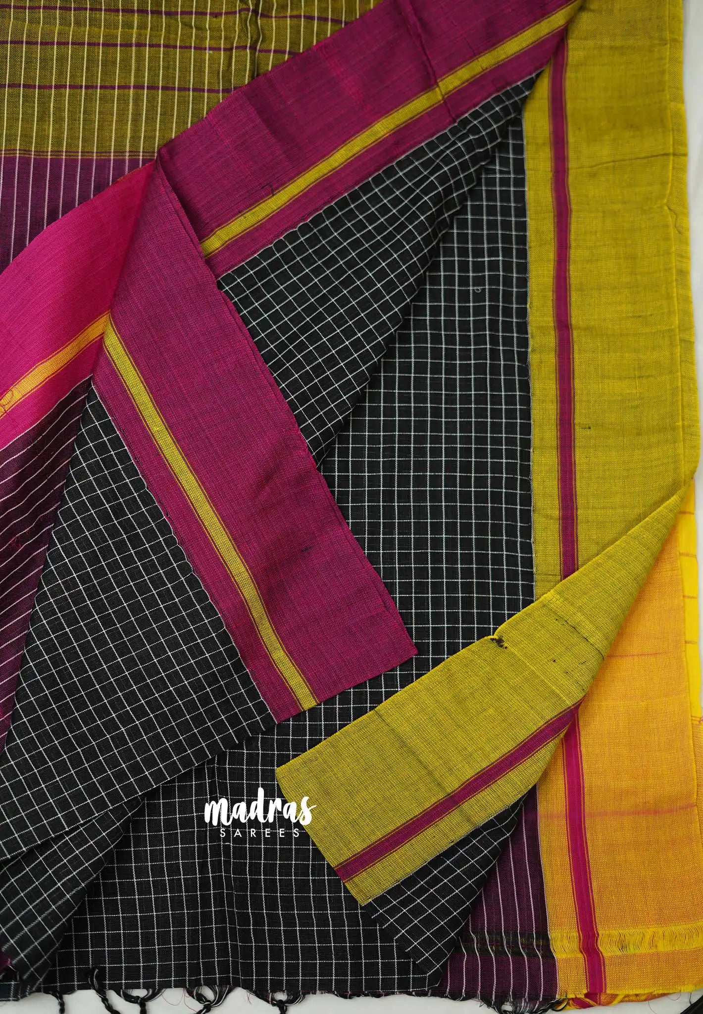Patteda Anchu saree Black with Magenta and Yellow Ganga Jamuna border - Madras Sarees 