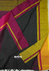 Patteda Anchu saree Black with Magenta and Yellow Ganga Jamuna border - Madras Sarees 