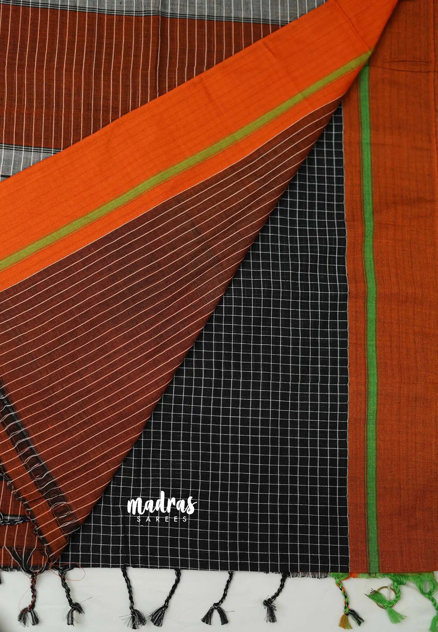 Patteda Anchu saree Black with Green and Orange Ganga Jamuna border - Madras Sarees 