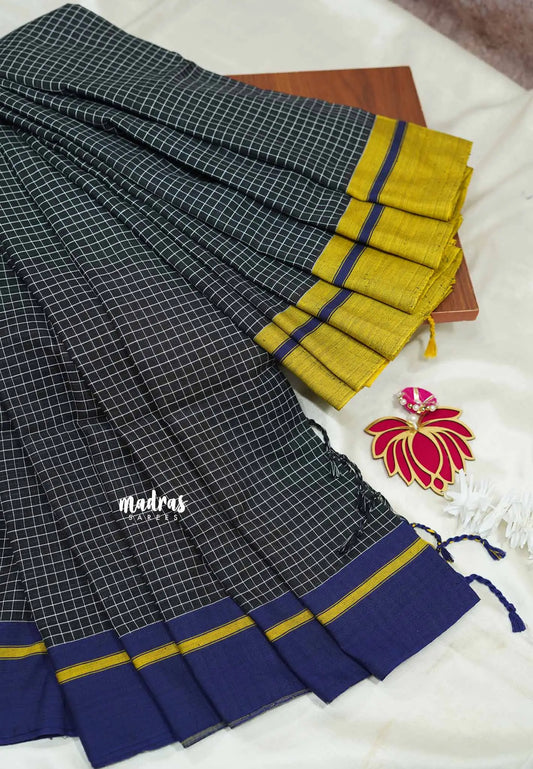 Patteda Anchu saree Black with Blue and Yellow Ganga Jamuna border
