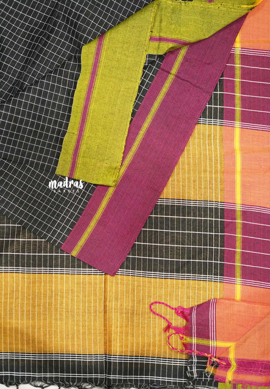 Patteda Anchu saree Black with Neon green and pink Ganga Jamuna border