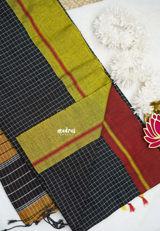 Patteda Anchu saree Black with Mehendi green and red Ganga Jamuna border