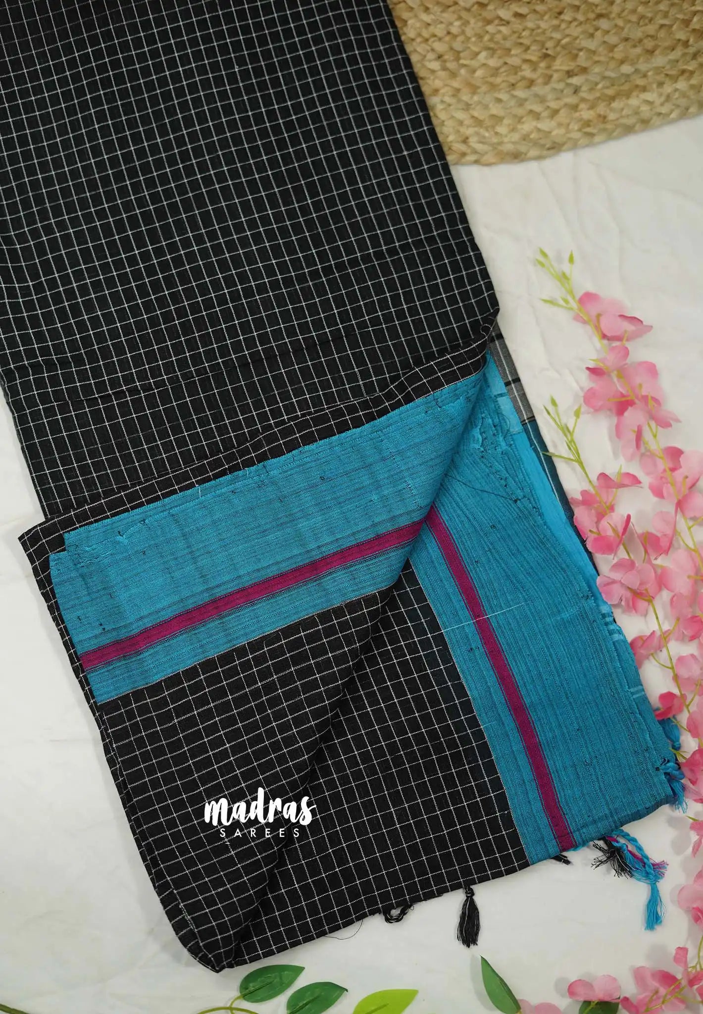 Patteda Anchu saree Black with Ananda blue border - Madras Sarees 