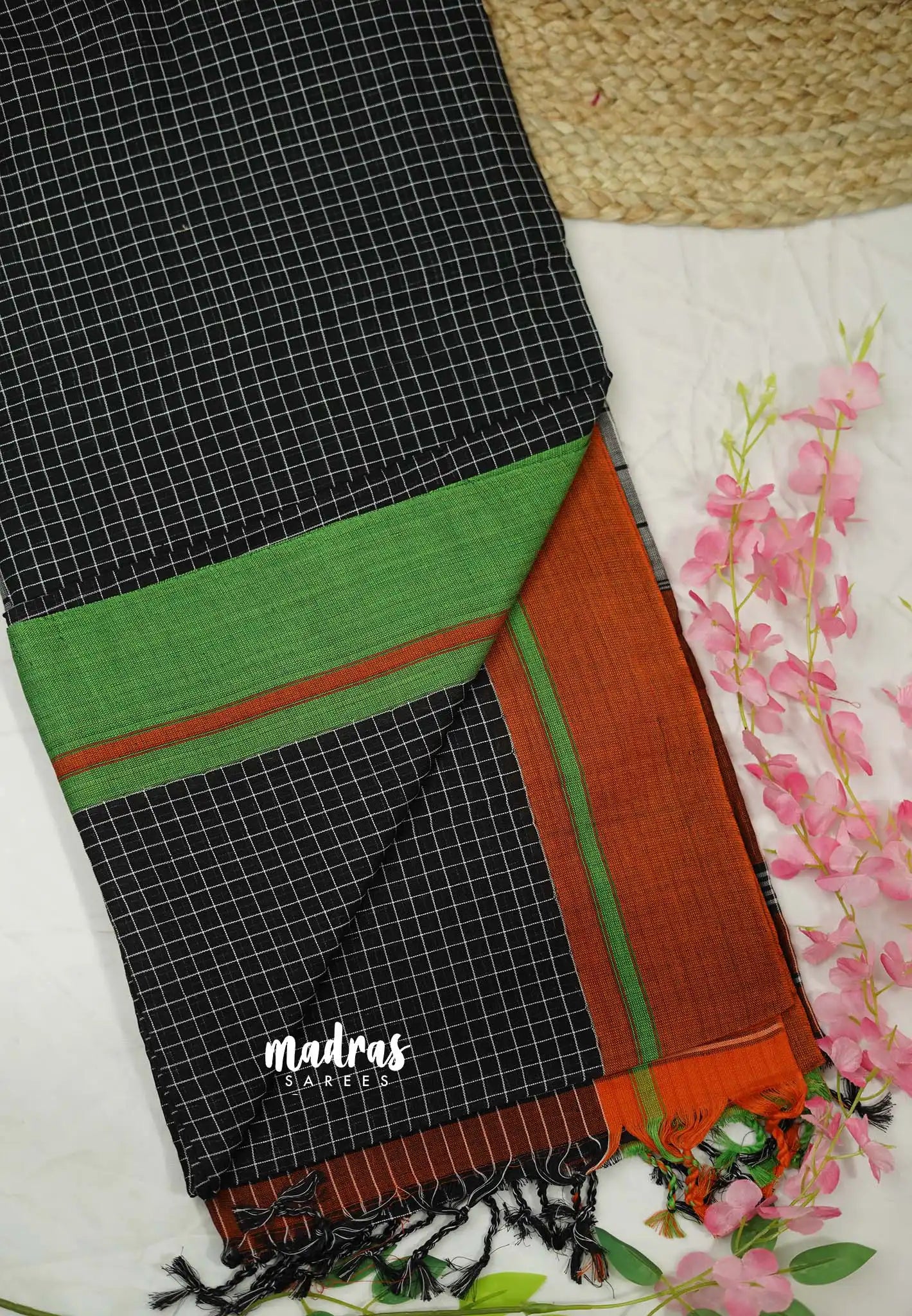 Patteda Anchu saree Black with Green and Orange Ganga Jamuna border - Madras Sarees 