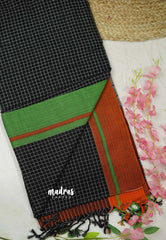 Patteda Anchu saree Black with Green and Orange Ganga Jamuna border - Madras Sarees 