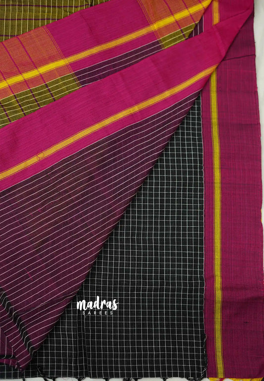 Patteda Anchu saree Black with Magenta and Yellow Ganga Jamuna border - Madras Sarees 