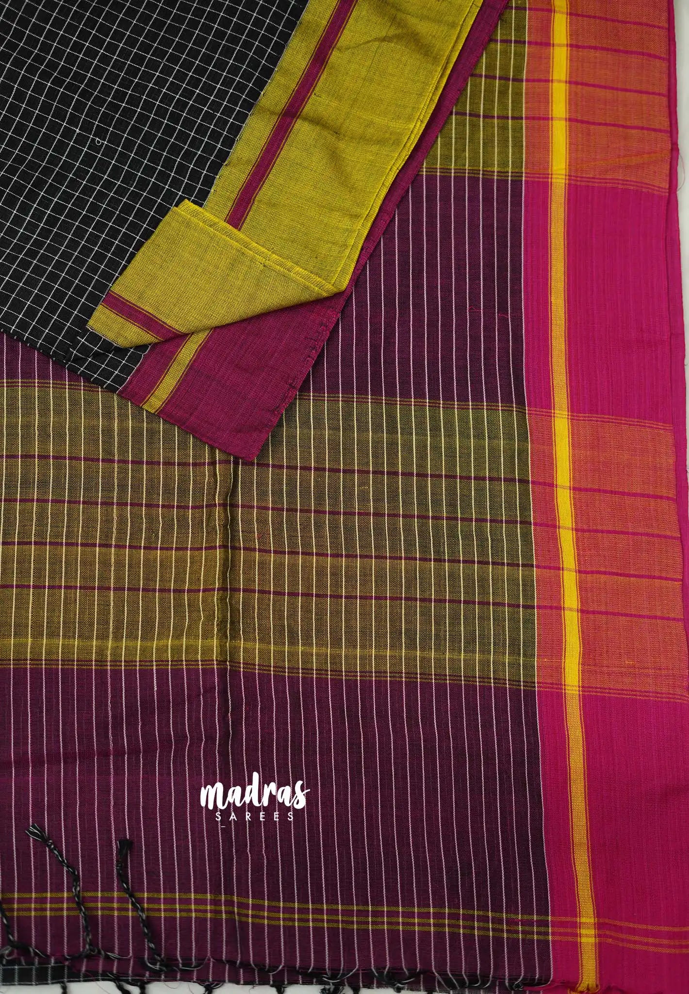 Patteda Anchu saree Black with Magenta and Yellow Ganga Jamuna border - Madras Sarees 