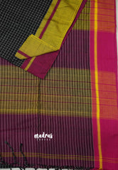 Patteda Anchu saree Black with Magenta and Yellow Ganga Jamuna border - Madras Sarees 