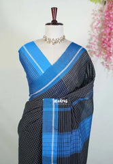 Black & Blue - Patteda Anchu Saree Checks with Skirt Border - Perfect for Office Wear | Casual Wear