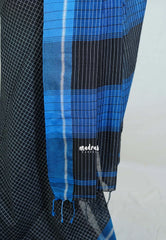 Black & Blue - Patteda Anchu Saree Checks with Skirt Border - Perfect for Office Wear | Casual Wear