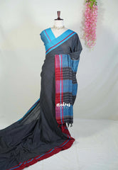 Patteda Anchu saree Black with Maroon and Ananda Blue Ganga Jamuna border