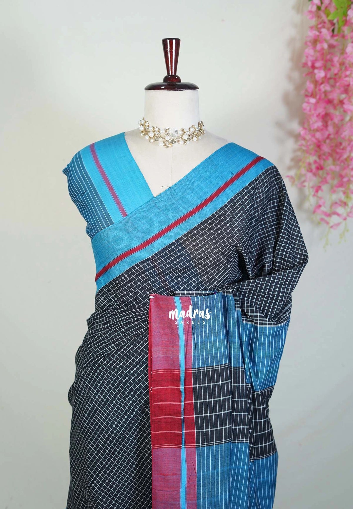 Patteda Anchu saree Black with Maroon and Ananda Blue Ganga Jamuna border