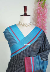 Patteda Anchu saree Black with Maroon and Ananda Blue Ganga Jamuna border