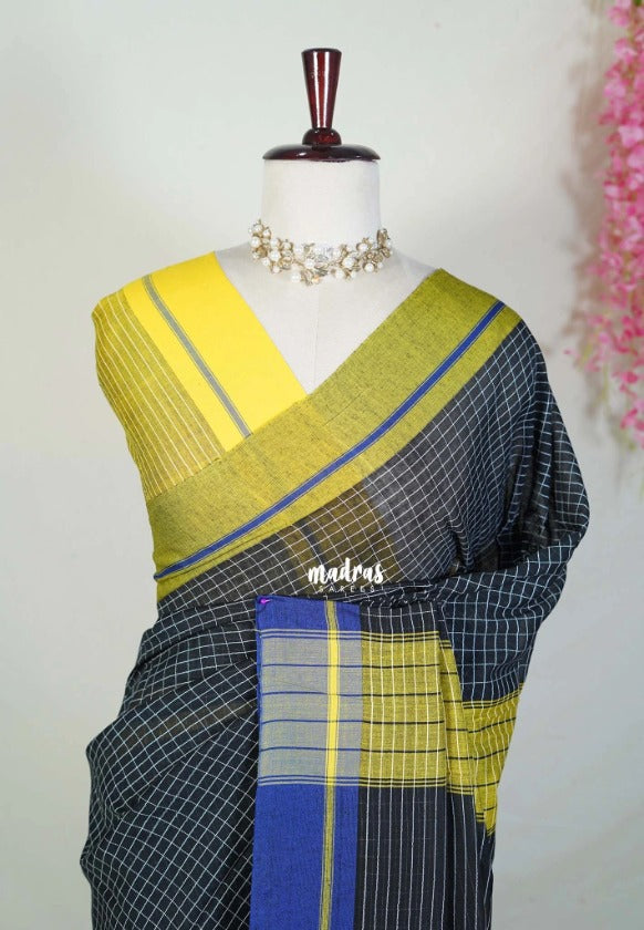 Patteda Anchu saree Black with Blue and Yellow Ganga Jamuna border