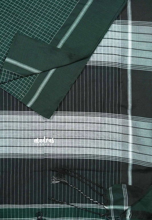 Patteda Anchu saree with self border - Dark green with green blouse