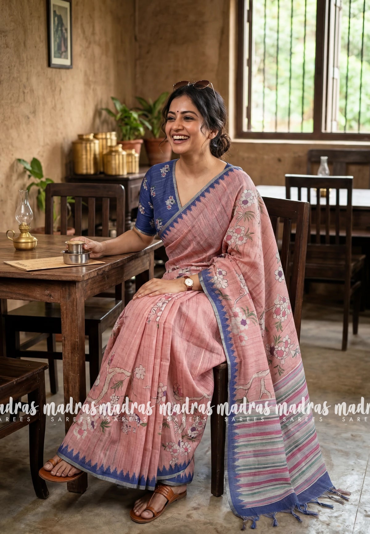 Pastel Peach Red - Premium Linen Cotton with Jute Blend Saree Grooves with Floral Prints - Best for Office Wear | Casual Wear