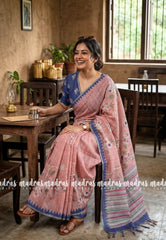 Pastel Peach Red - Premium Linen Cotton with Jute Blend Saree Grooves with Floral Prints - Best for Office Wear | Casual Wear