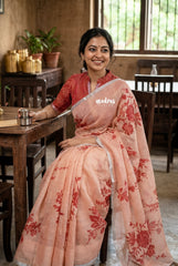 Peach Glow - Linen Cotton Saree with Floral Prints - Best for Office Wear | Casual Wear