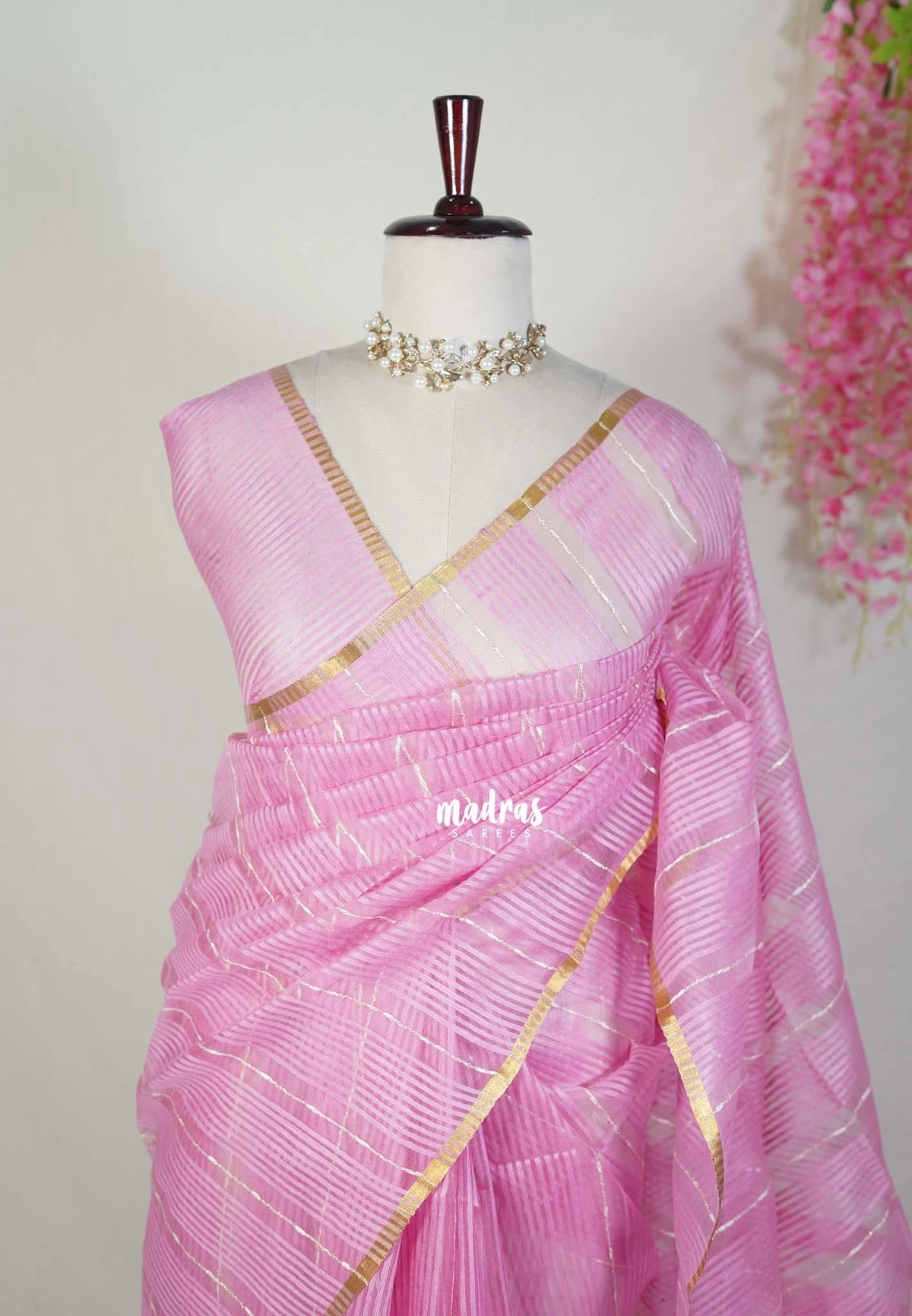Pink  - Soft Organza silk with stripes weaving with small zari border