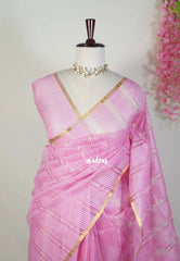 Pink  - Soft Organza silk with stripes weaving with small zari border