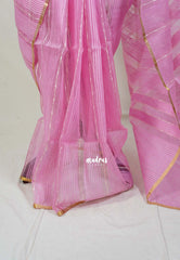 Pink  - Soft Organza silk with stripes weaving with small zari border