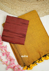 Kotravai - Plain khadi with Raw silk stripes blouse combo - Golden yellow