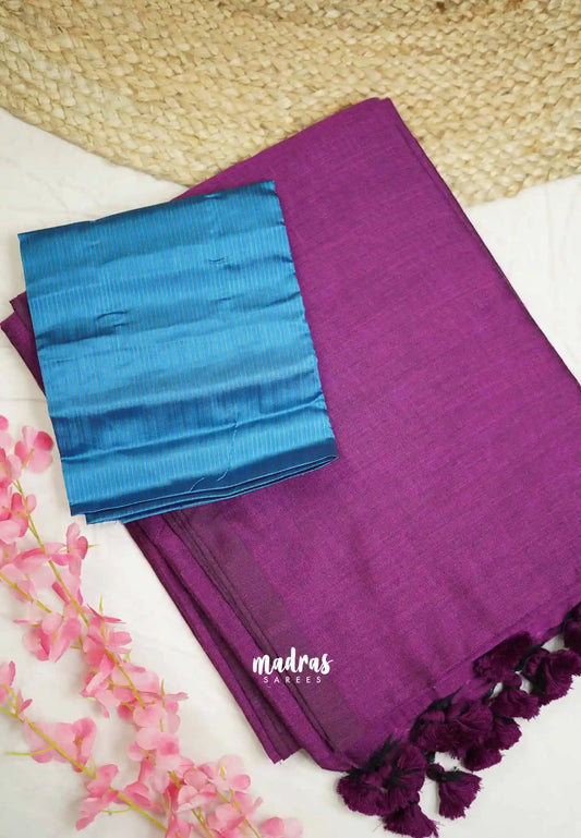 Kotravai - Plain khadi with Raw silk stripes blouse combo - wine purple