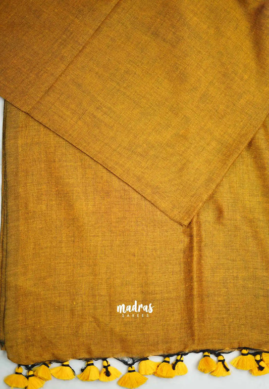 Kotravai - Plain khadi with Raw silk stripes blouse combo - Golden yellow