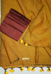 Kotravai - Plain khadi with Raw silk stripes blouse combo - Golden yellow