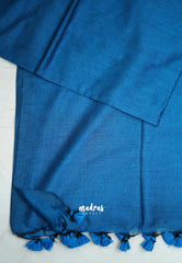 Kotravai - Plain khadi with Raw silk stripes blouse combo - Peacock blue