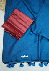 Kotravai - Plain khadi with Raw silk stripes blouse combo - Peacock blue