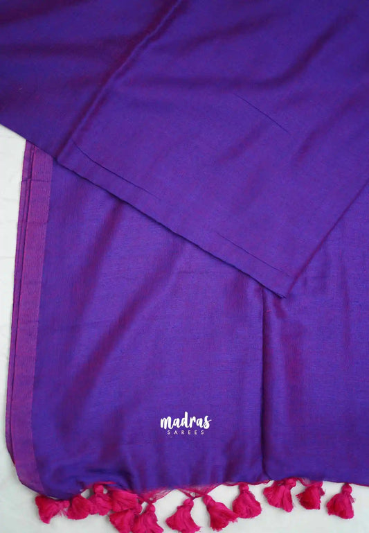 Kotravai - Plain khadi with Raw silk stripes blouse combo - Dual shade Magenta