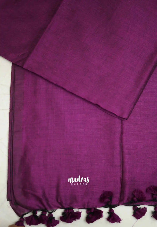 Kotravai - Plain khadi with Raw silk stripes blouse combo - wine purple