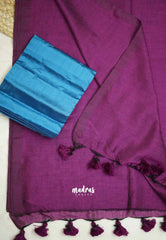 Kotravai - Plain khadi with Raw silk stripes blouse combo - wine purple