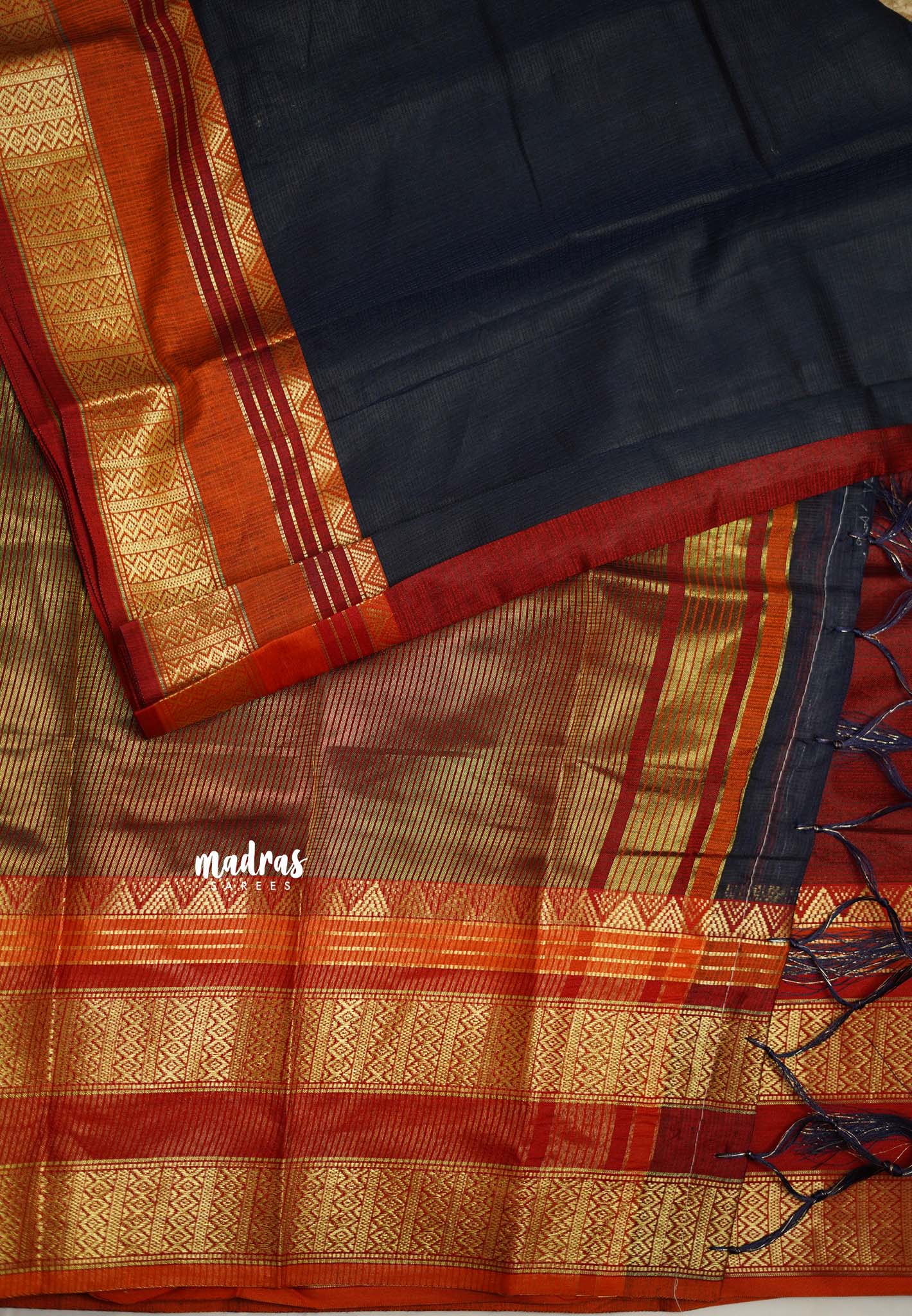 Shalini Plain kota semi silk saree with rettapet border Deep Blue - Madras Sarees 