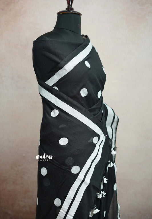 Polka dots soft Khadi saree - Black