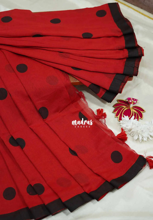 Chilli red - Polka dots soft Khadi saree