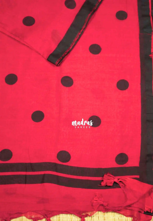 Reddish pink - Polka dots soft Khadi saree